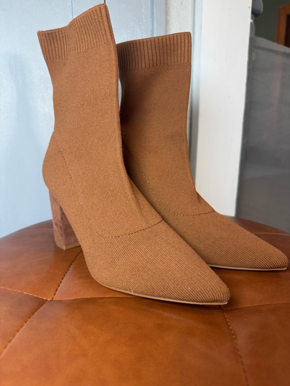 Steve Madden Tan Knit Sock Booties with Block Heel